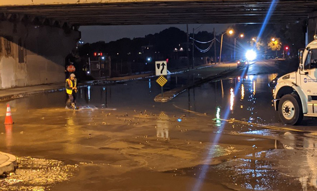 Water main break, flooded road in Dorchester