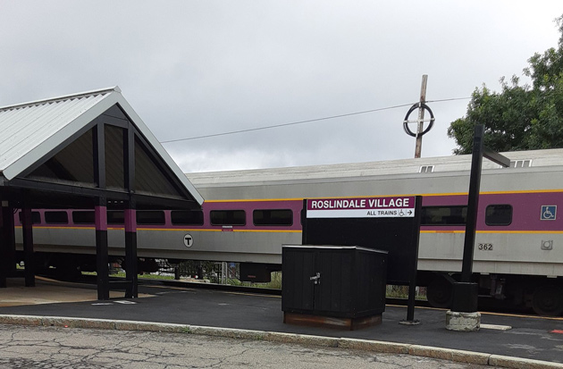 Needham Line train in Roslindale on a Sunday