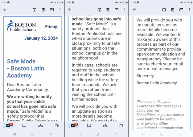 Screen captures of message about safe mode at Boston Latin Academy