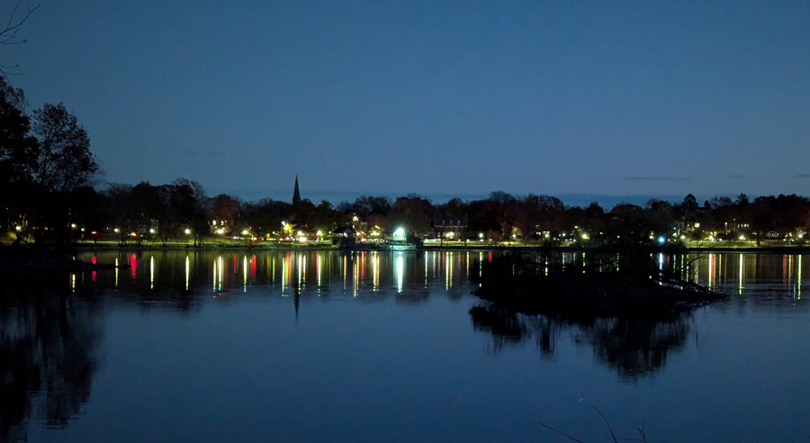 Looking across Jamaica Pond after sundown