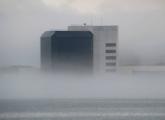 JFK Library in the fog on Dorchester Bay