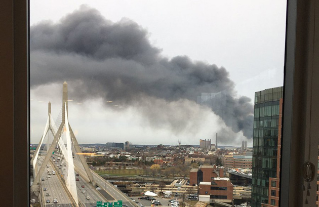 Smoke over the Zakim Bridge.